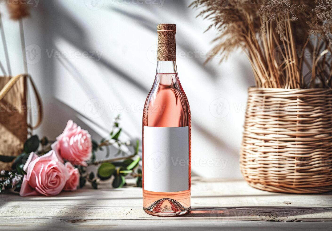 AI generated Rose wine, bottle of rose wine with blank label and flowers  in natural daylight, Mockup photo