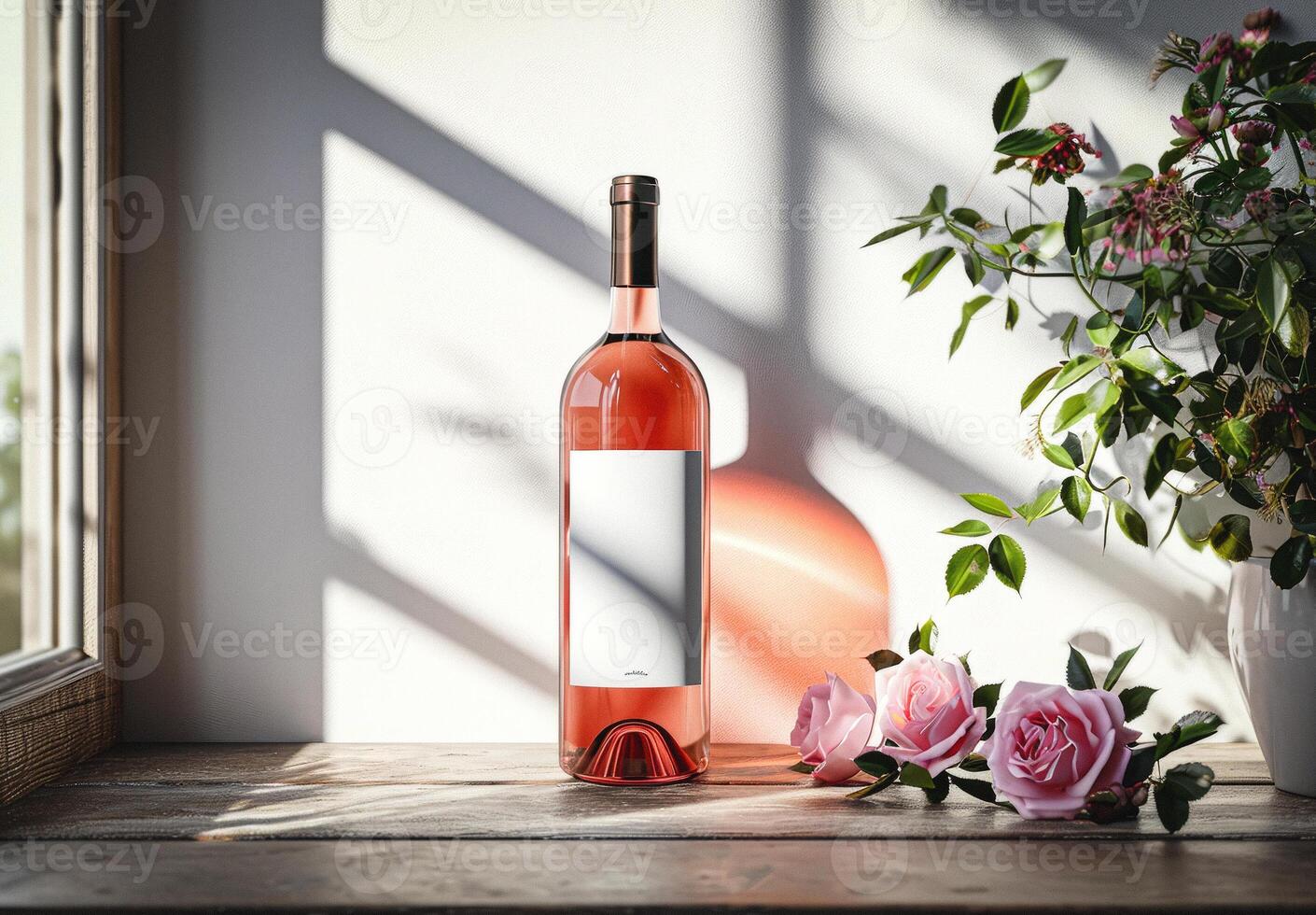 AI generated Rose wine, bottle of rose wine with blank label and flowers  in natural daylight, Mockup photo