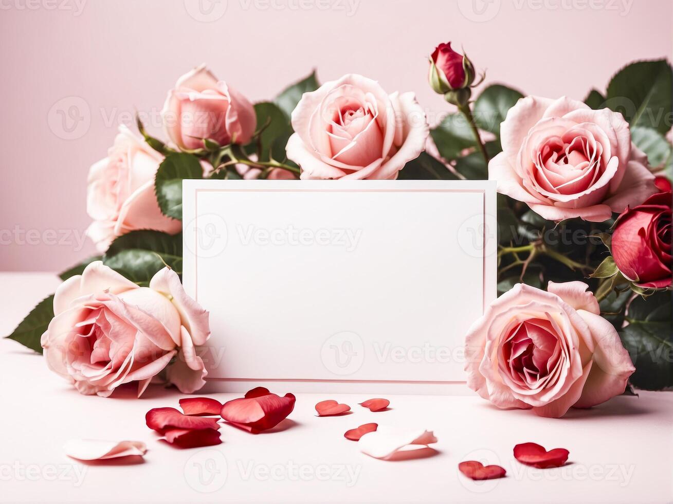 AI generated Beautiful pink roses and blank card for your text on pink background photo