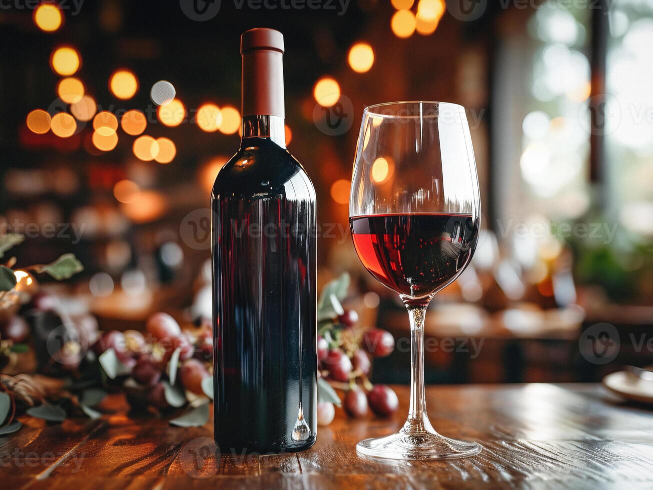 AI generated Glass of red wine with bottle against rustic dark on wooden table. Mock up for design photo