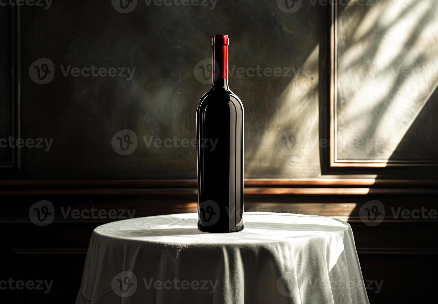 AI generated Bottle of wine on wooden table background. wine shop photo