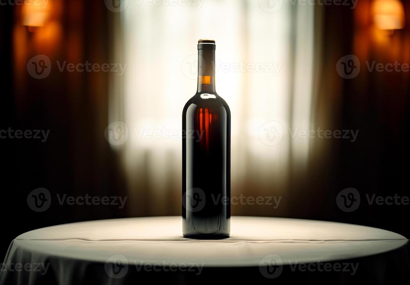 AI generated Bottle of wine on wooden table background. wine shop photo