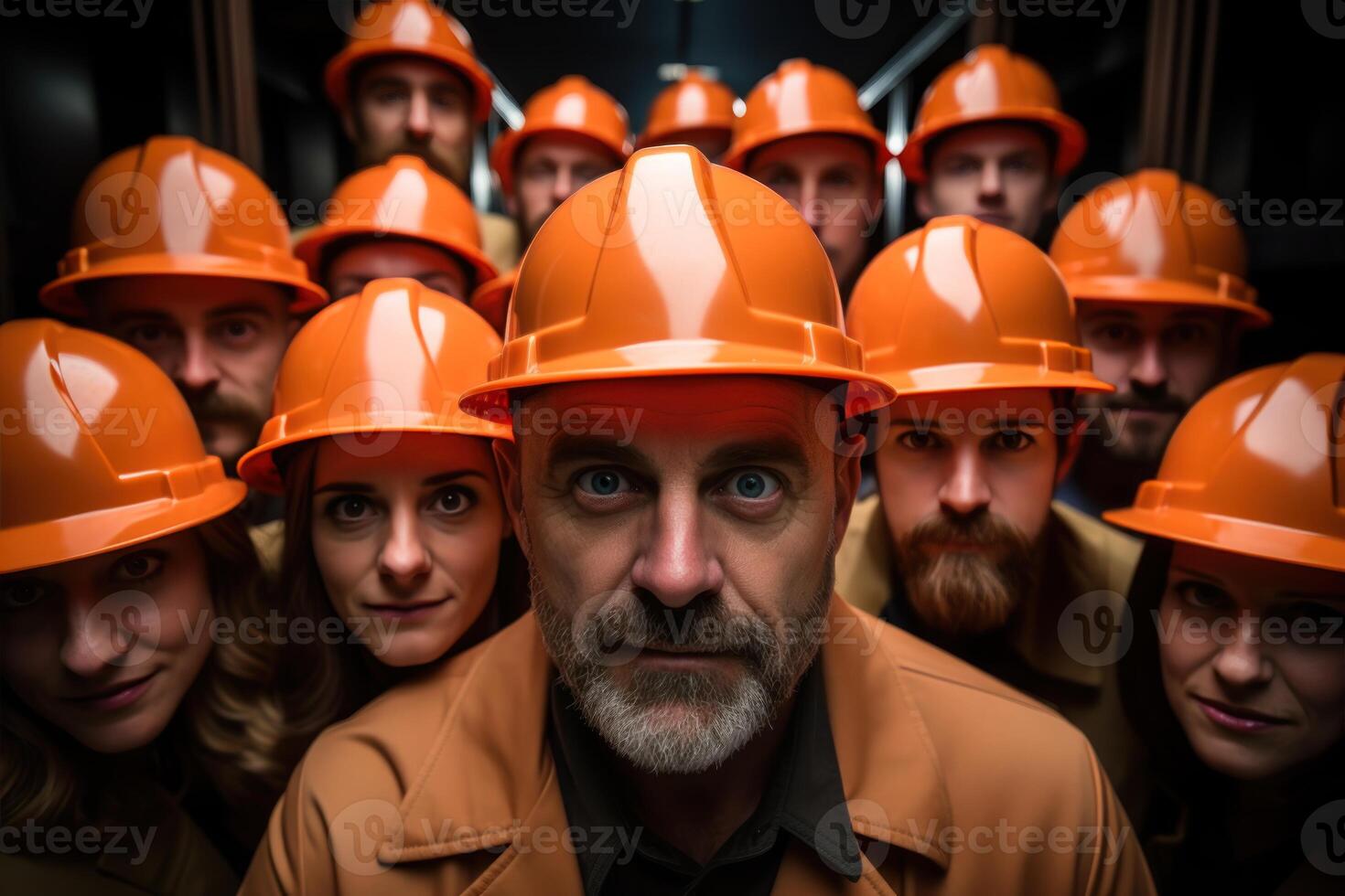 AI generated Team of architects with safety hats discussing blueprints for a new project, construction and engineering image photo