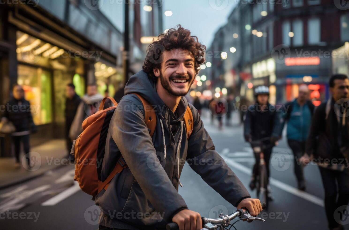 AI generated Smiling man enjoys bicycle ride in the city, commuter lifestyle photo