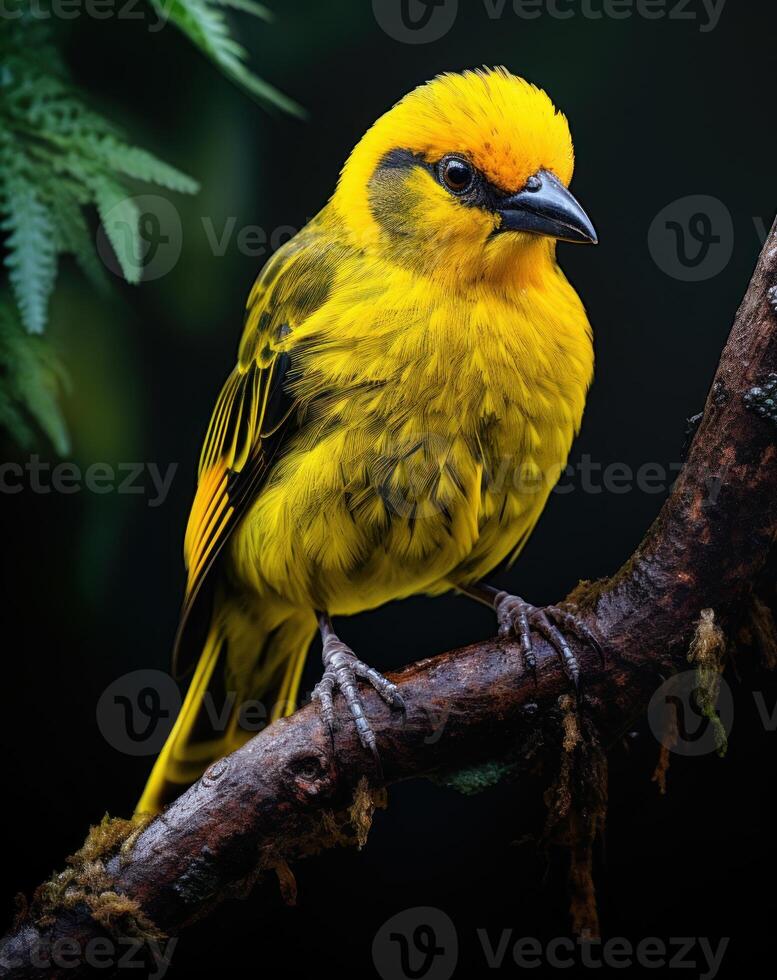 AI generated Cheerful yellow bird rests on a branch, colorful tropical birds photo