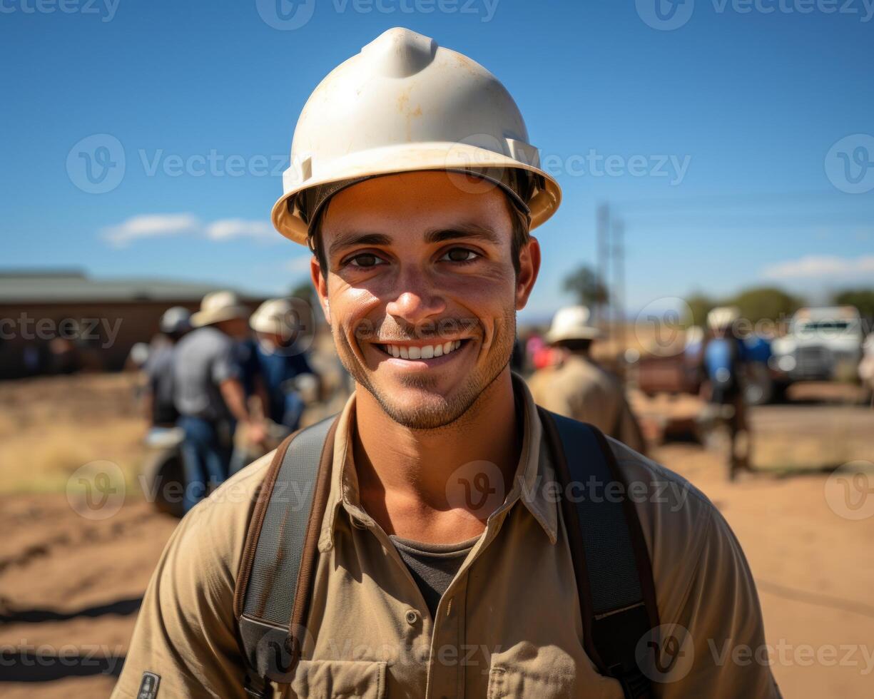AI generated Joyful builder in a hard hat with a big smile at work, construction and engineering image photo