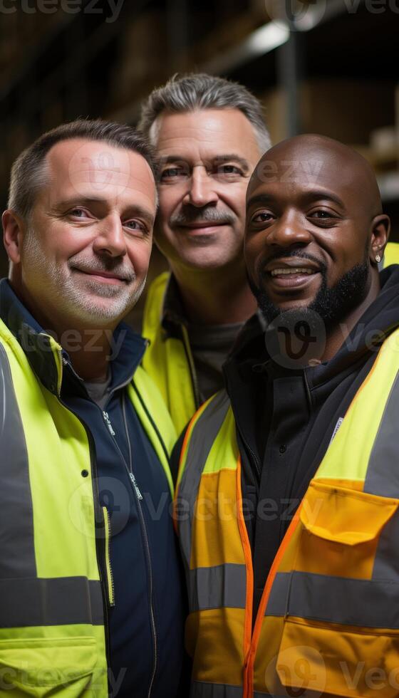 AI generated Three diverse men in safety vests work together in an industrial warehouse, construction and engineering image photo