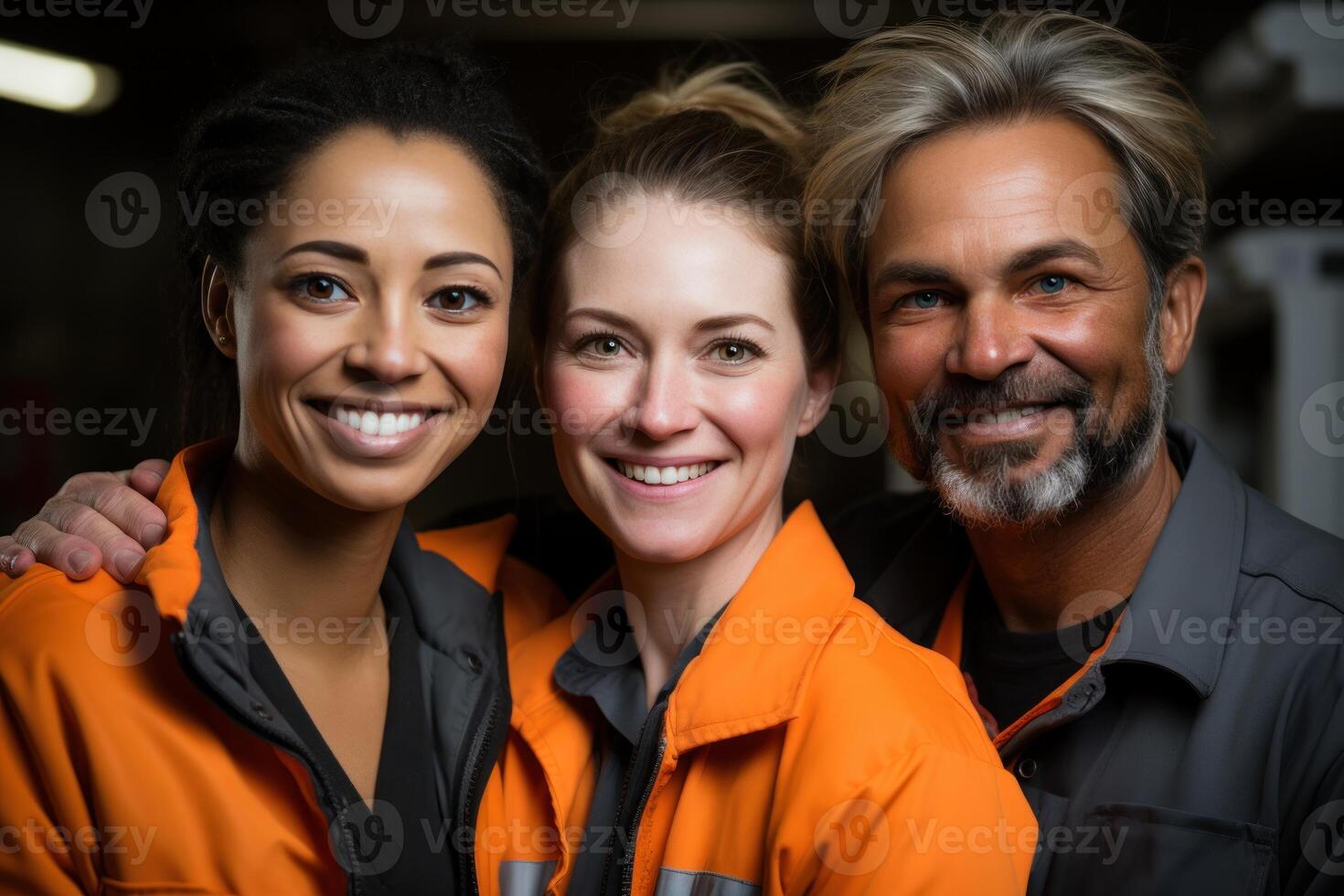 AI generated Three construction workers celebrate together, construction and engineering image photo