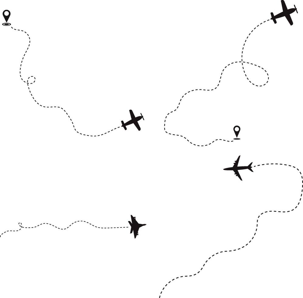 Set of Airplane Dotted. Airplane Routes. Isolated On White Background vector