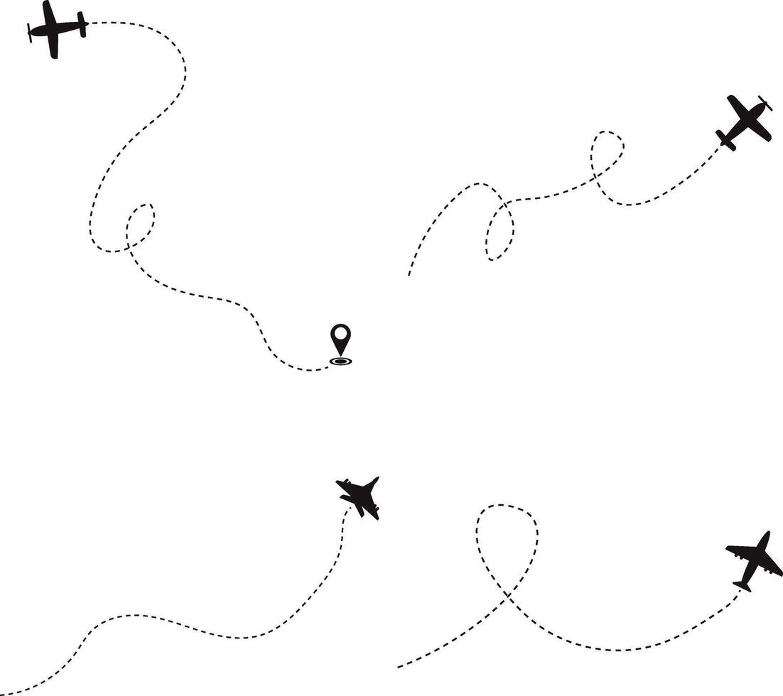 Set of Airplane Dotted. Airplane Routes. Isolated On White Background vector