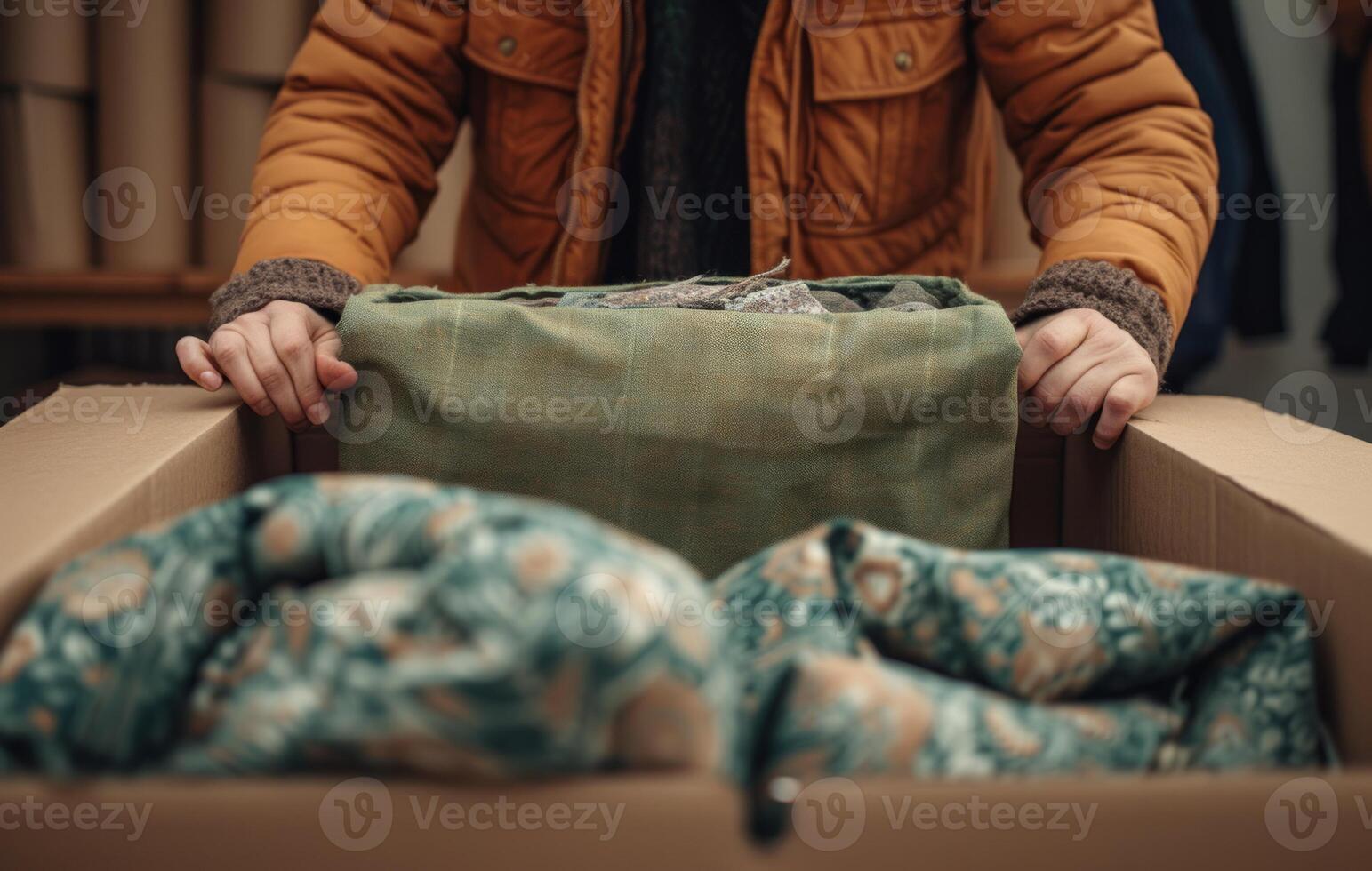 AI generated Someone packing and moving items in a cardboard box, packing and decluttering concept photo
