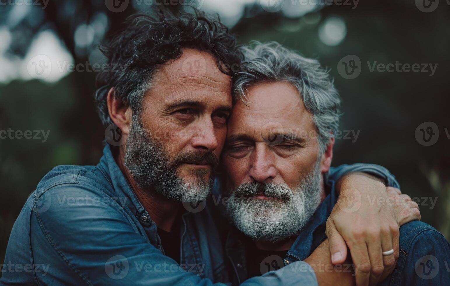 AI generated Two men hugging amidst nature in a park, reconciliation acceptance photo