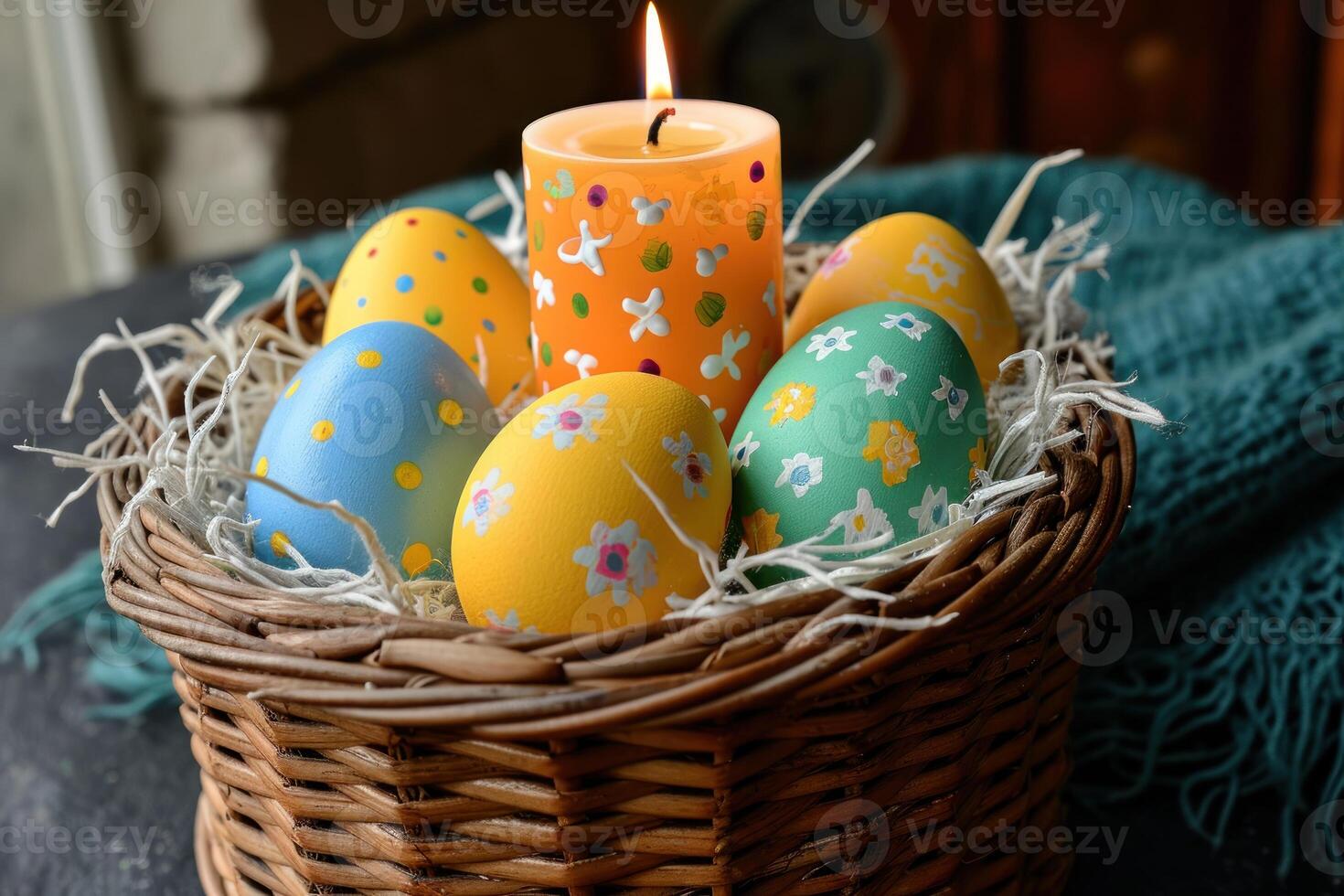 AI generated Basket with painted easter eggs and a candle creating a festive display, easter candles concept photo