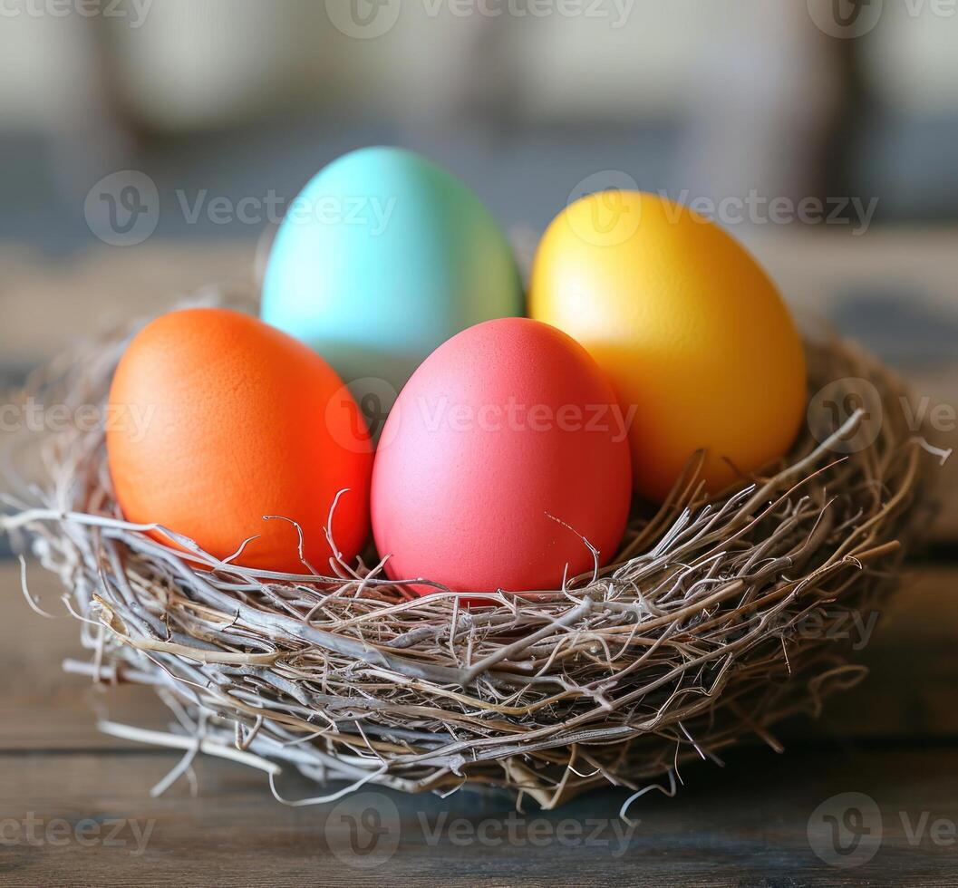AI generated Vibrant eggs arranged in a nest, easter nests image photo