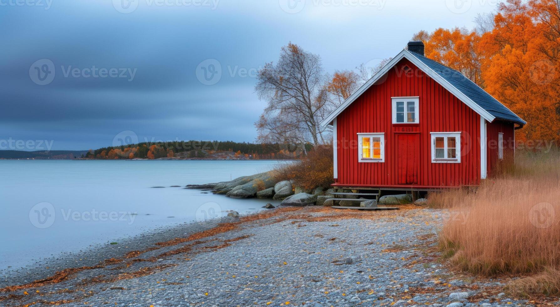 AI generated Red small house sitting on shore with a serene view of nature, tiny homes picture photo