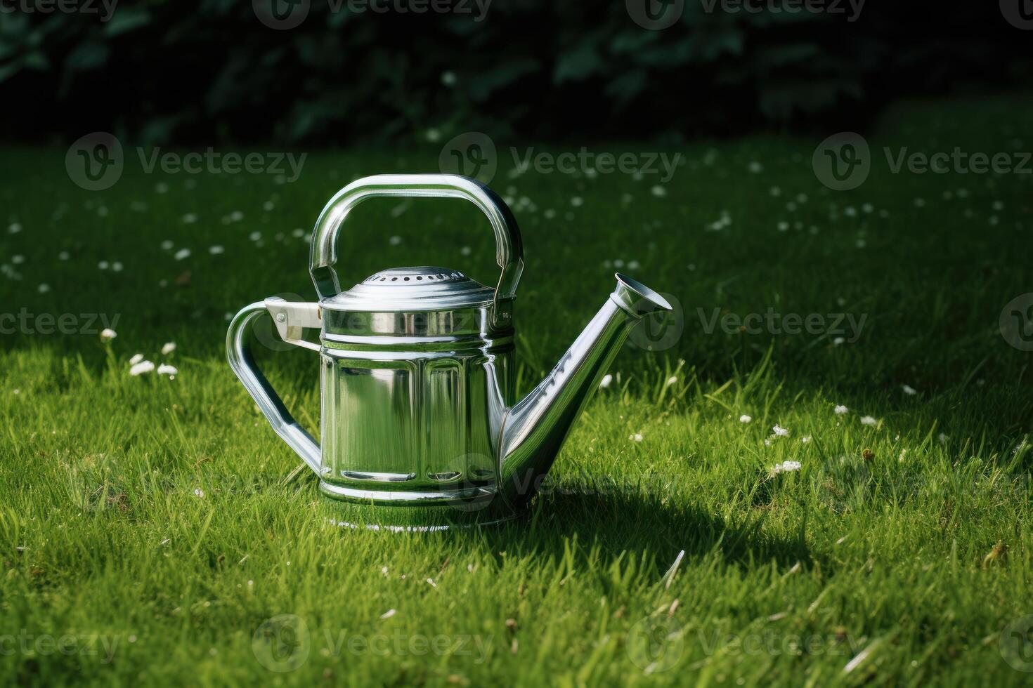 AI generated Watering can placed on lush green grass, water conservation photo