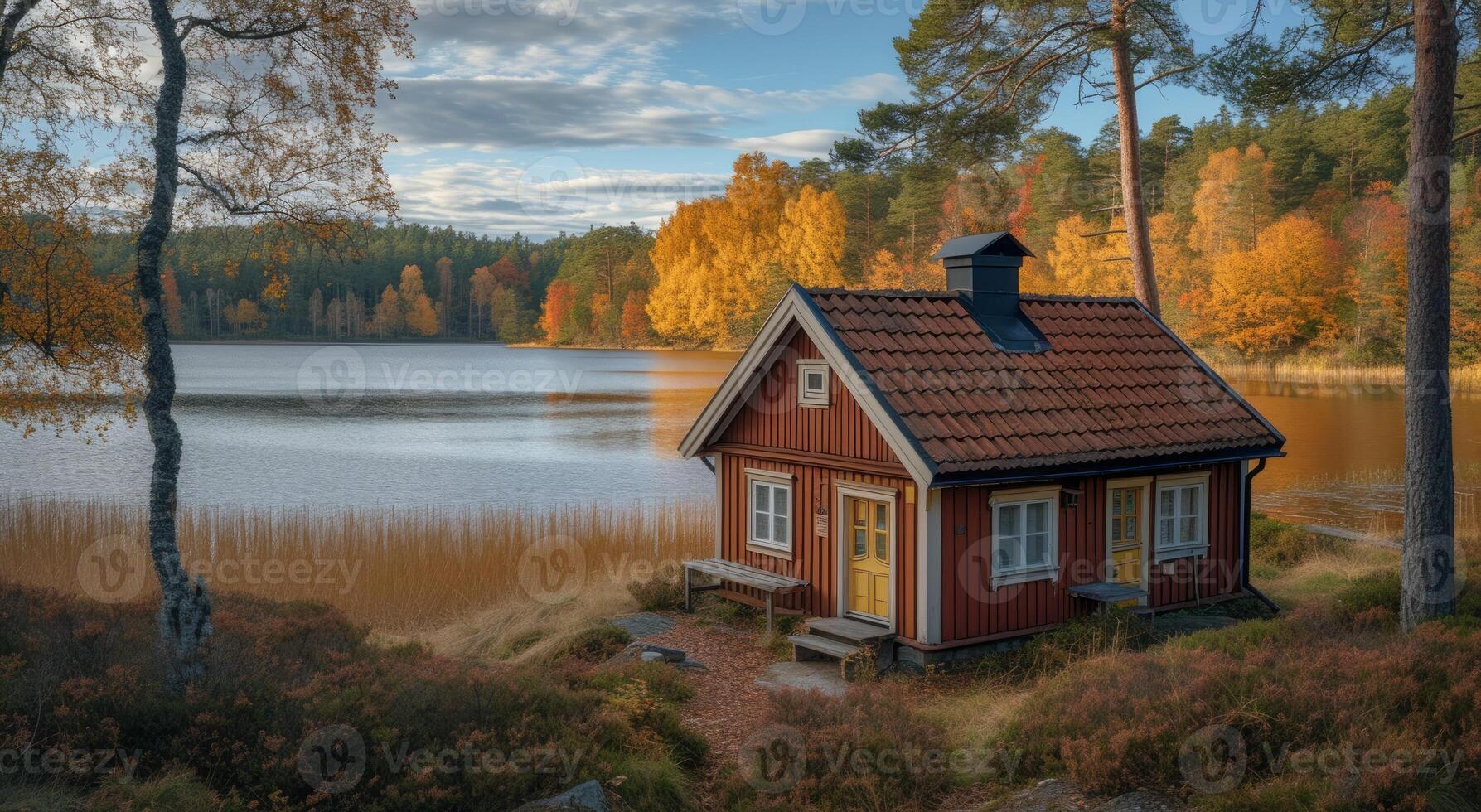 AI generated Small house by the lake, tiny homes concept photo
