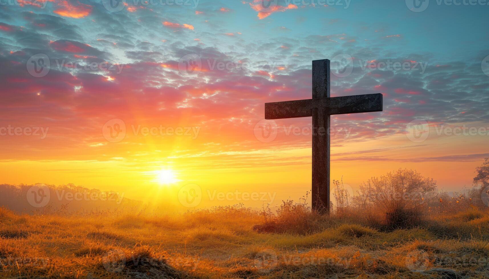 AI generated Autumn sunrise with a cross on a meadow, palm sunday sunset concept photo