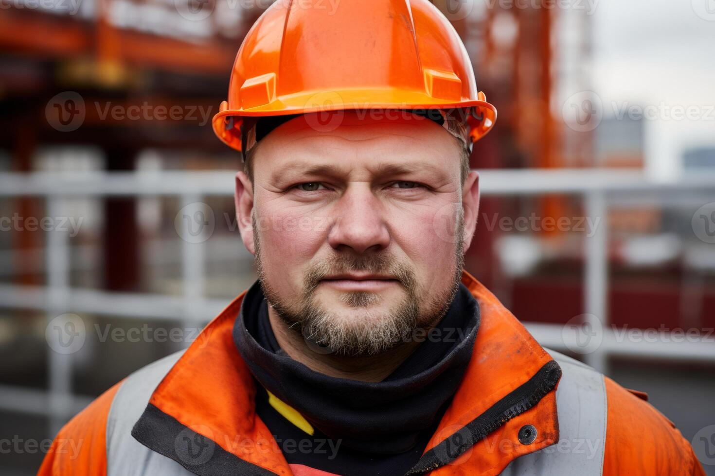 AI Generated Close up portrait serious confident mature Caucasian male man guy petrol worker builder petroleum operator posing outside. Construction safety uniform workwear hardhat industrial engineer photo