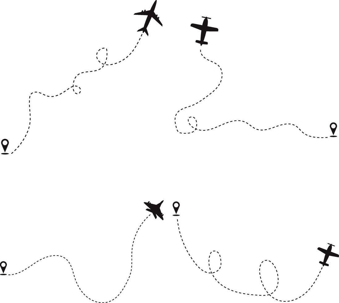 Set of Airplane Dotted. Airplane Routes. Isolated On White Background vector