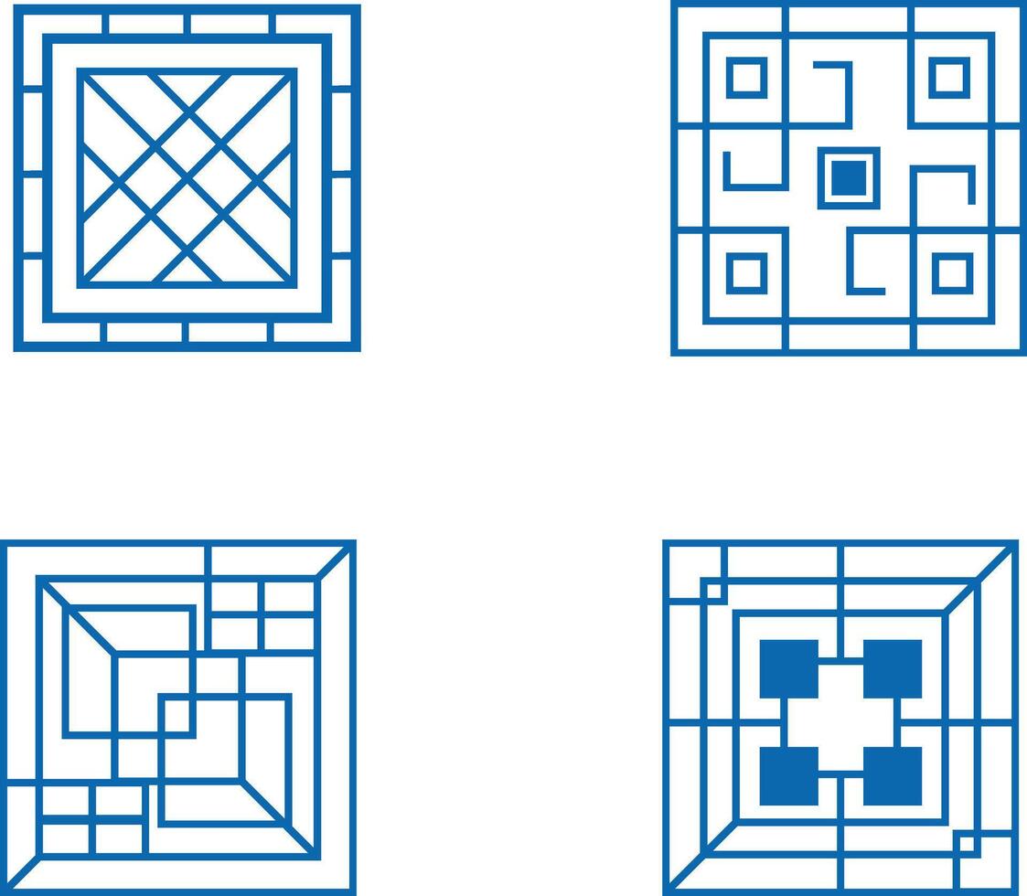 Blue Traditional Chinese Pattern. Oriental Pattern Style. Isolated Vector Set