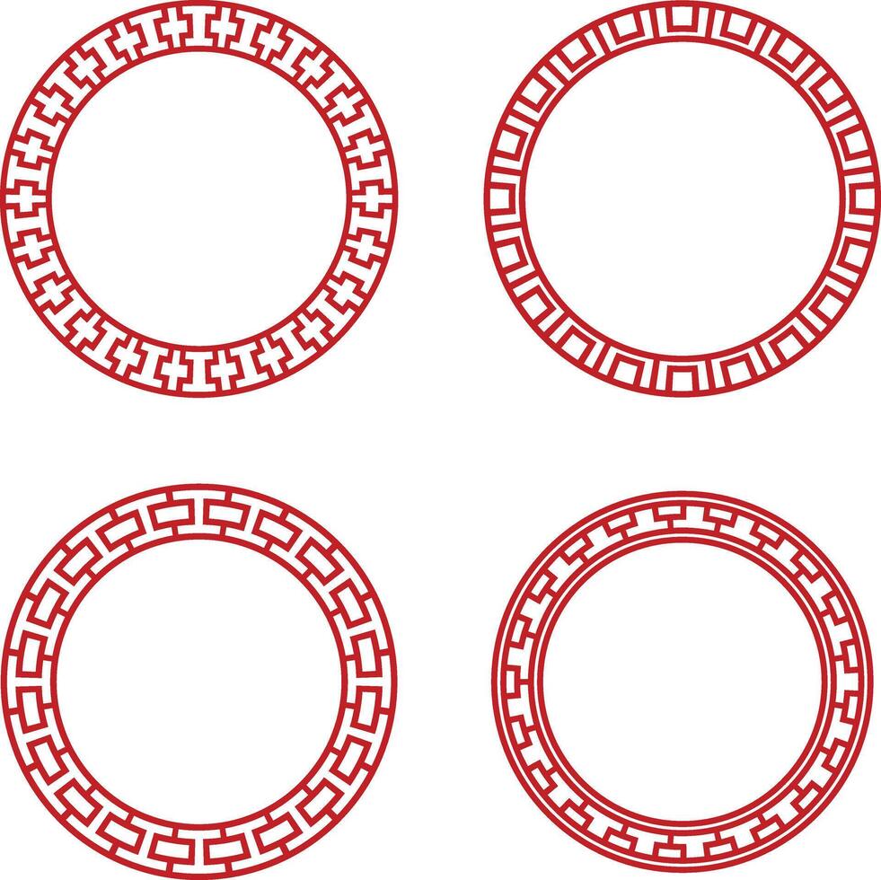 Chinese Circle Frame Elements. Isolated On White Background. Vector Illustration Set