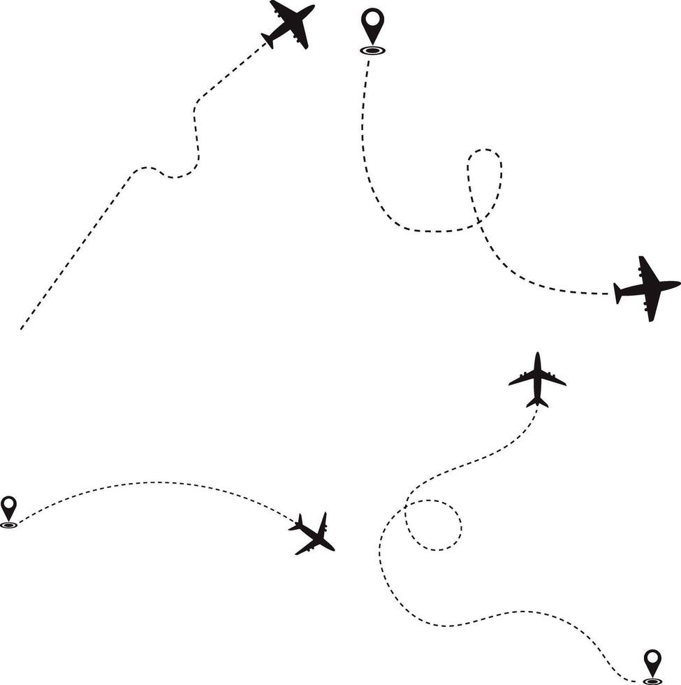 Set of Airplane Dotted. Airplane Routes. Isolated On White Background vector