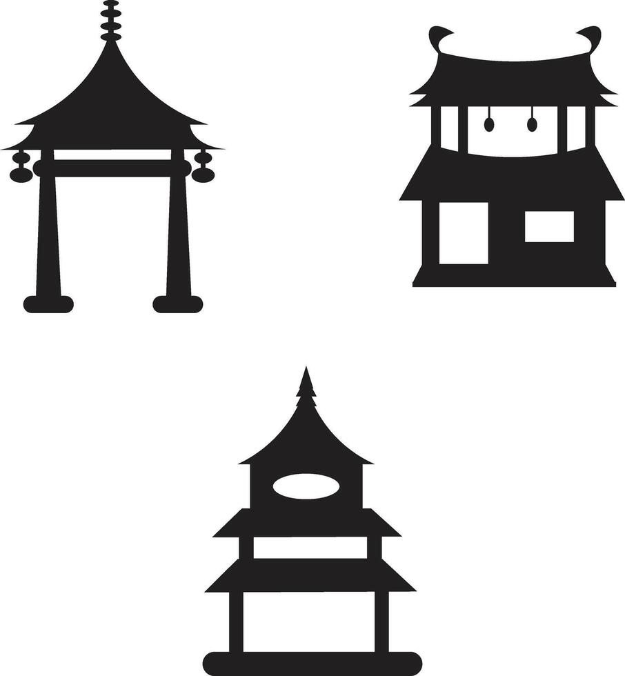 Collection of Traditional Chinese Building. Religious Building. Black Vector Set