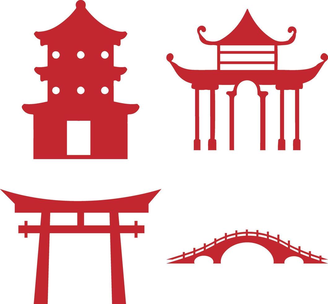 Set of Traditional Chinese Building. Chinese Temple. Vector Illustration