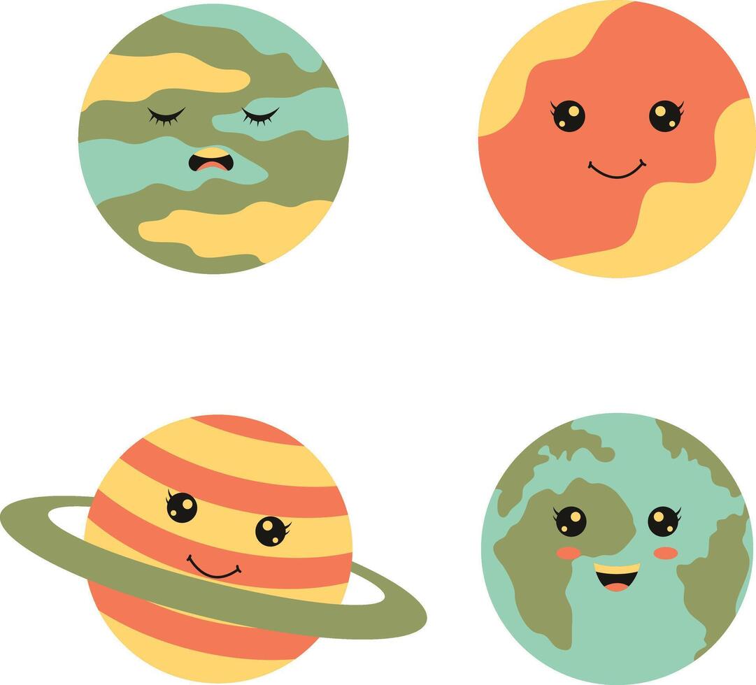 Cute Planet Character. Flat Cartoon Design. Vector Icon Set