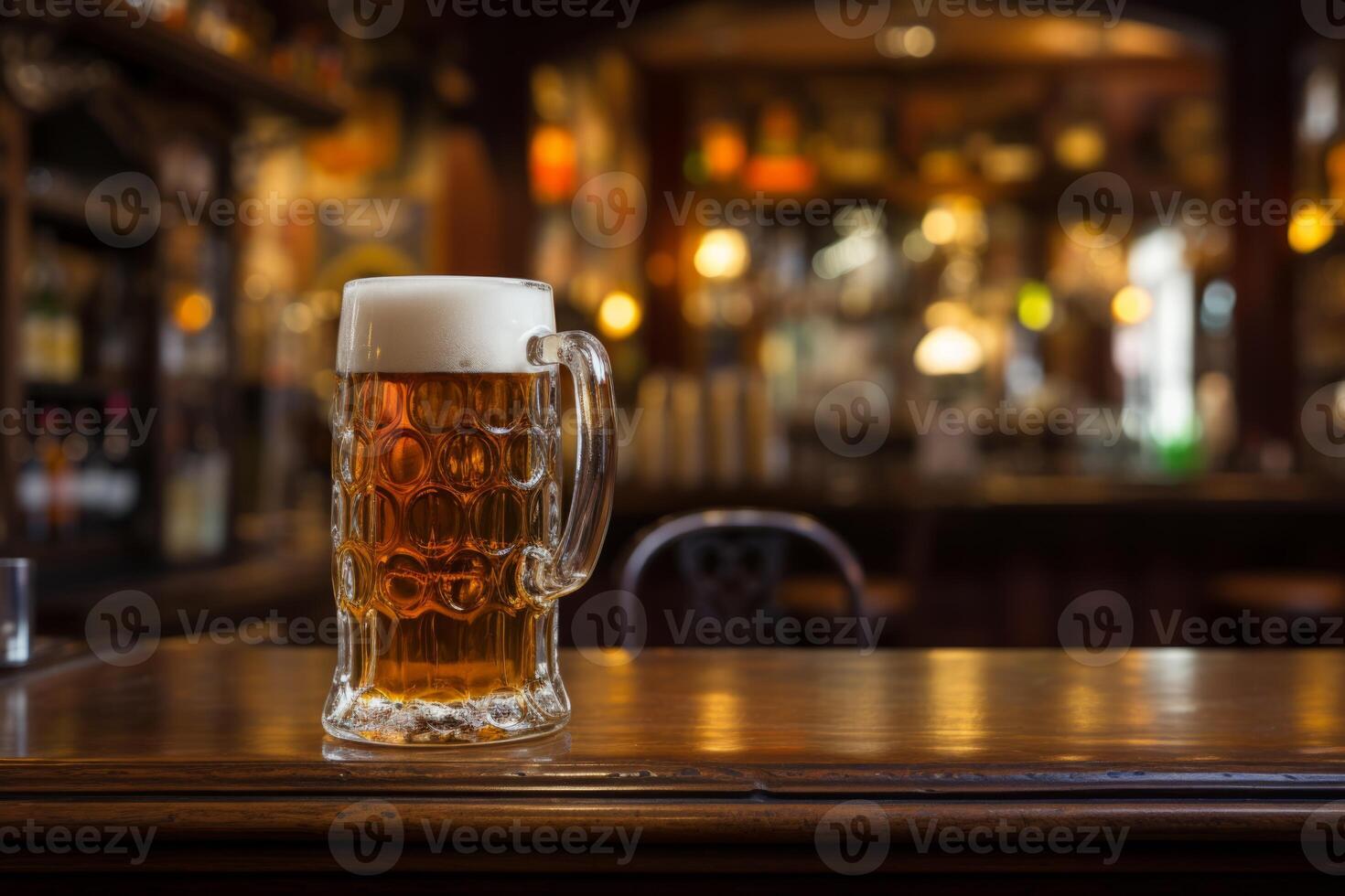 AI Generated Cold fresh brilliance delicious unbottled craft beer foam mug glass keg beer wooden table bar pub. Brewery alcohol non-alcoholic drink party degustation holiday Oktoberfest Munich photo