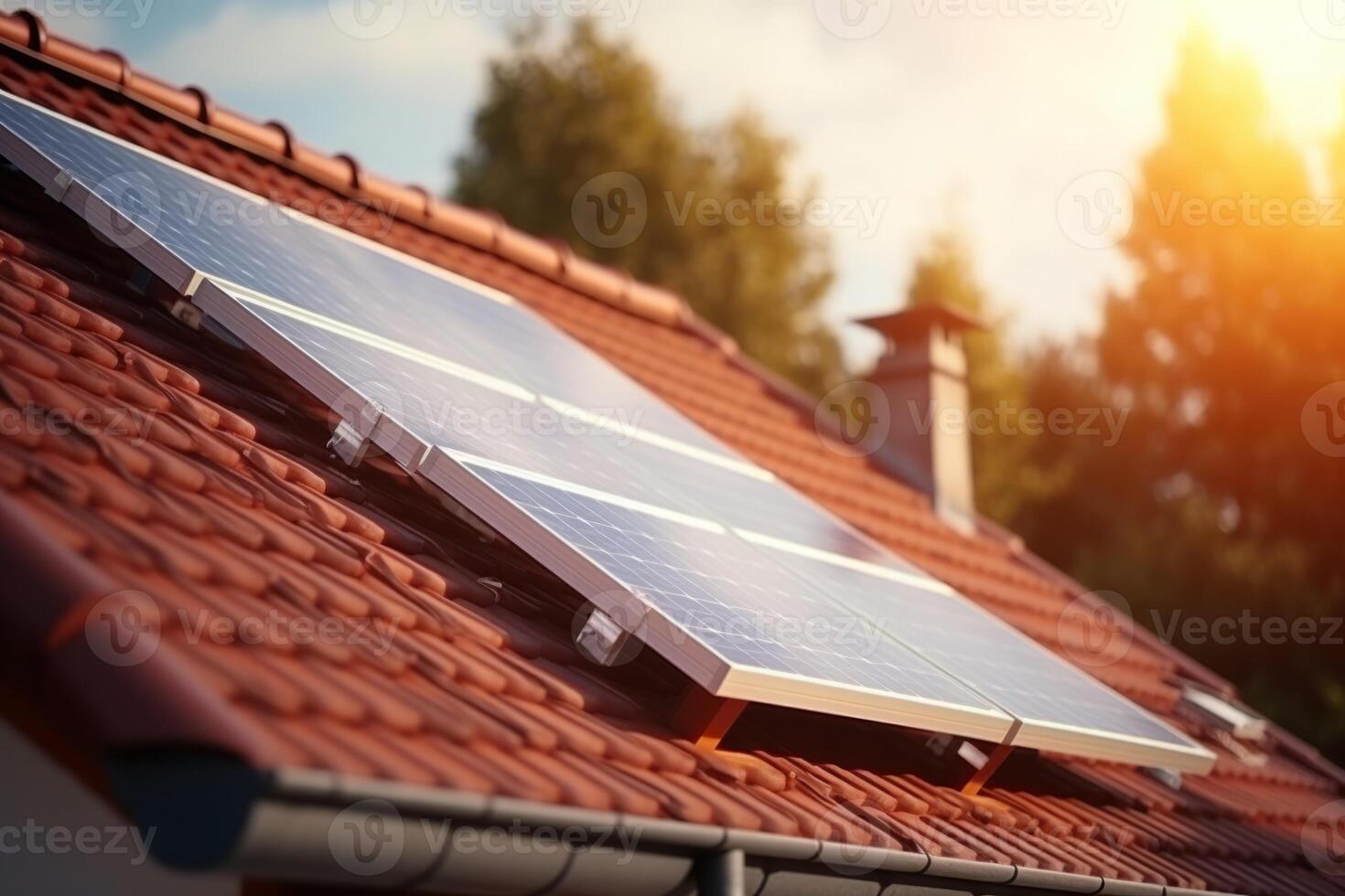 AI Generated Solar panel battery red roof house sun energy modern sunlight technology generator innovation luxury alternative source electricity cell ecological equipment environmental power renewable photo