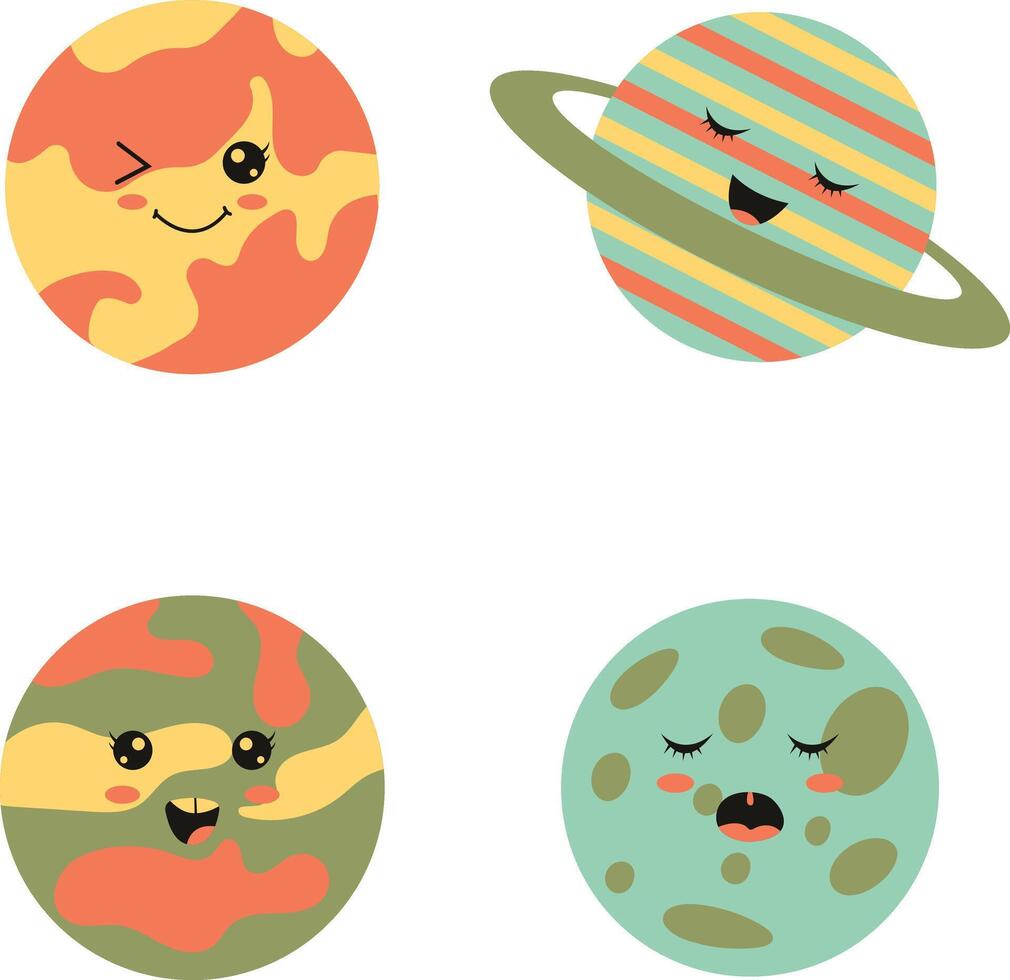 Cute Planet Character. Flat Cartoon Design. Vector Icon Set