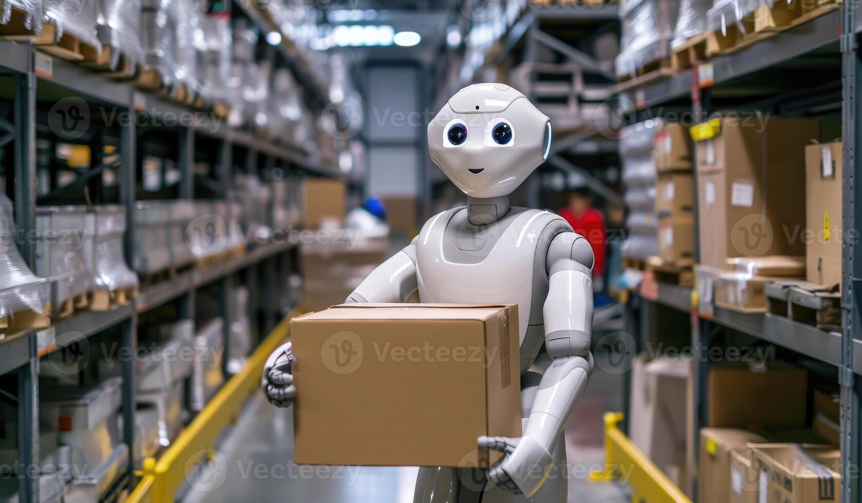 AI generated Warehouse robot carrying boxes in a photo