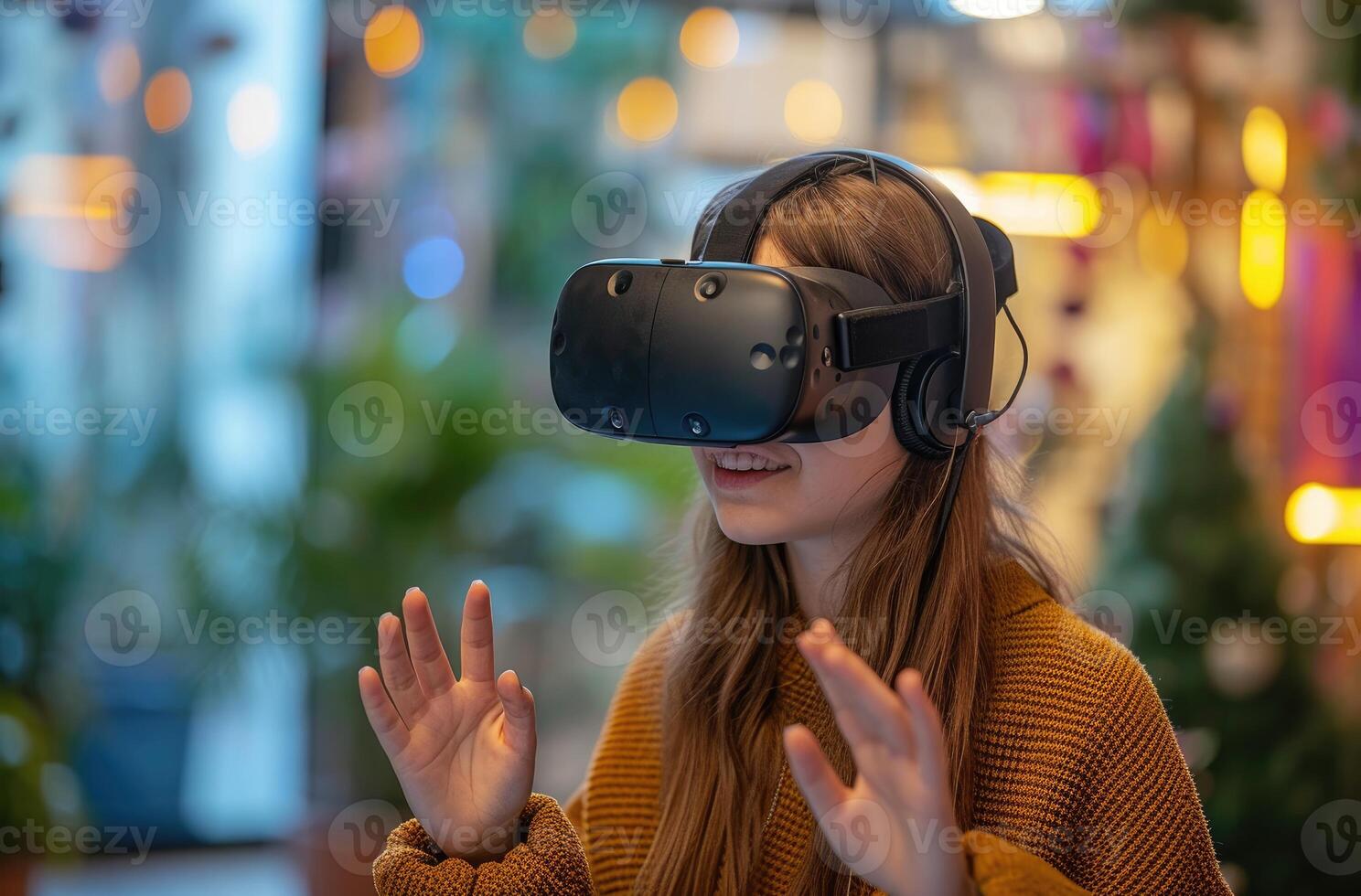 ai generado niña en vr auriculares jugando manos en el aire inmerso en virtual realidad experiencia foto