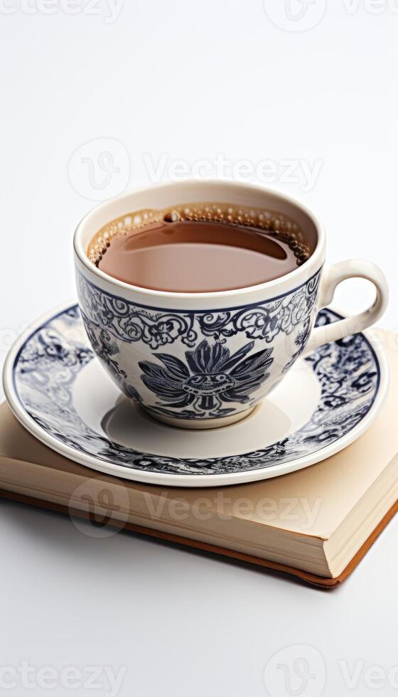 AI generated A book with toped of a cup of coffee placed on a clean white surface, coffee image photo