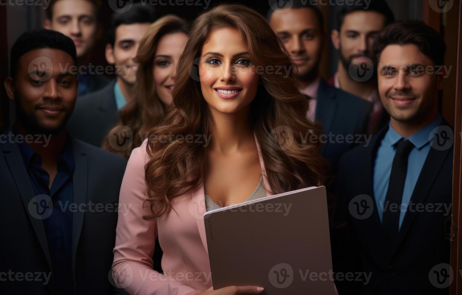 AI generated A lady holding a folder with business colleagues, hiring image for job postings photo