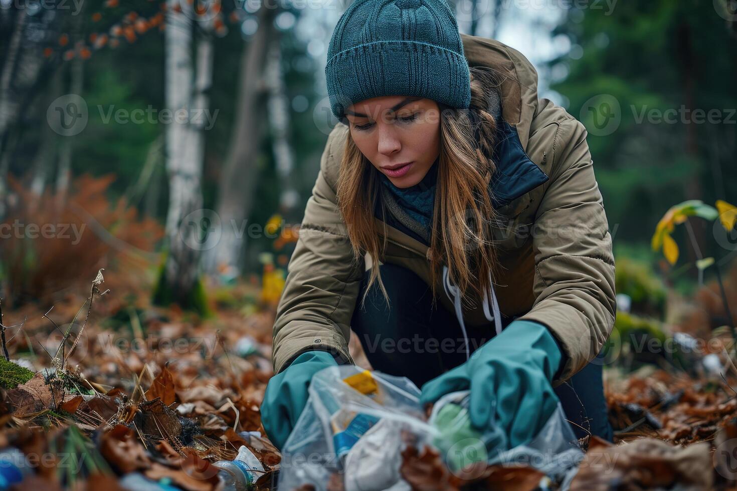 AI generated Woman picking up trash in forest, social responsibility picture photo