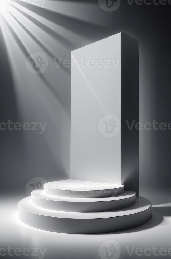 AI generated Three-dimensional color realistic product podium in rays of light on a monochrome background. Generative AI photo