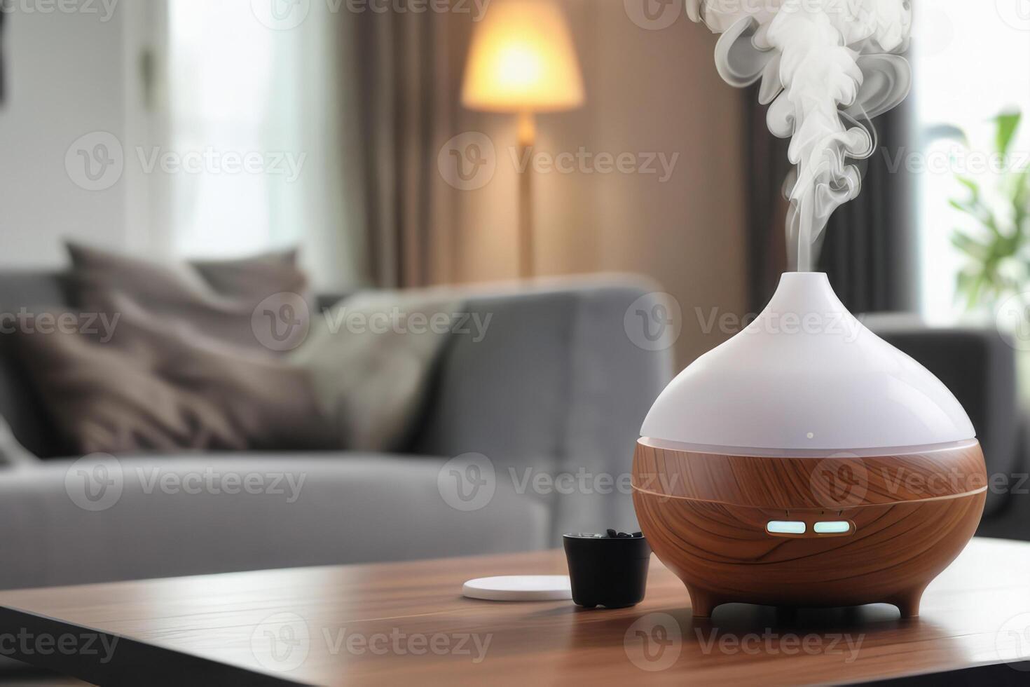 AI generated Aroma oil diffuser with rising steam flow on table in living room. photo