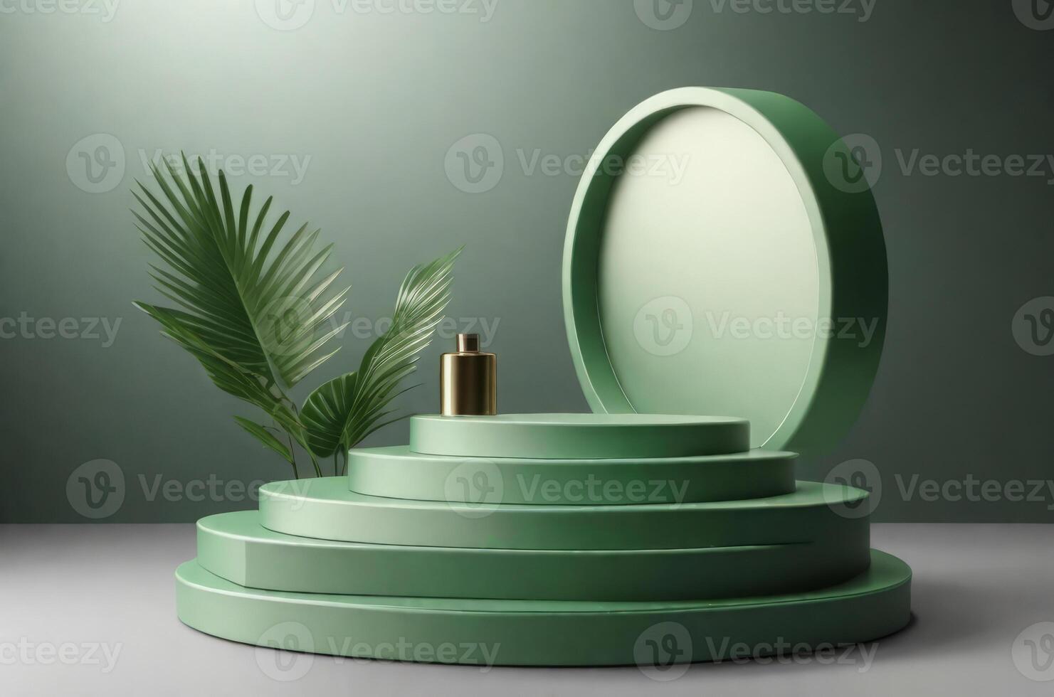 AI generated Three-dimensional green realistic product podium in rays of light on a monochrome background. Generative AI photo