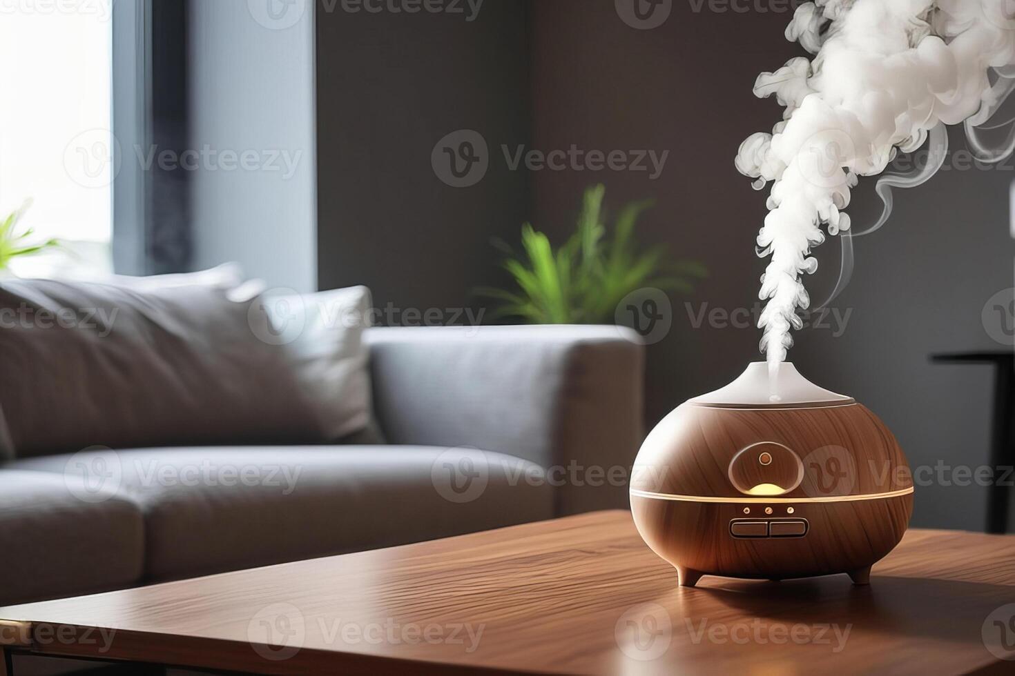 AI generated Aroma oil diffuser with rising steam flow on table in living room. photo