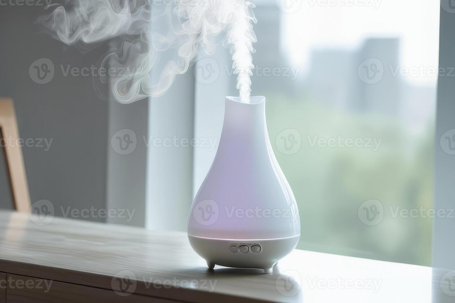 AI generated Aroma oil white glass diffuser with rising steam flow on table by window. photo