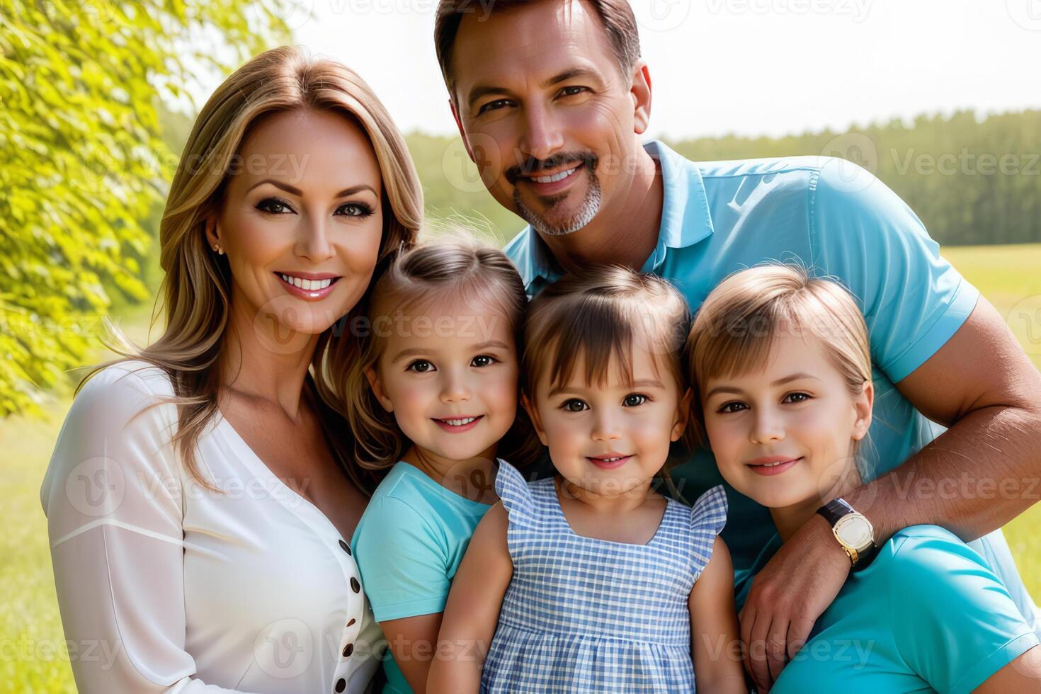 AI generated Mom and dad with three small children, close-up. Family portrait, the concept of family relations. The program of state support for families with children photo