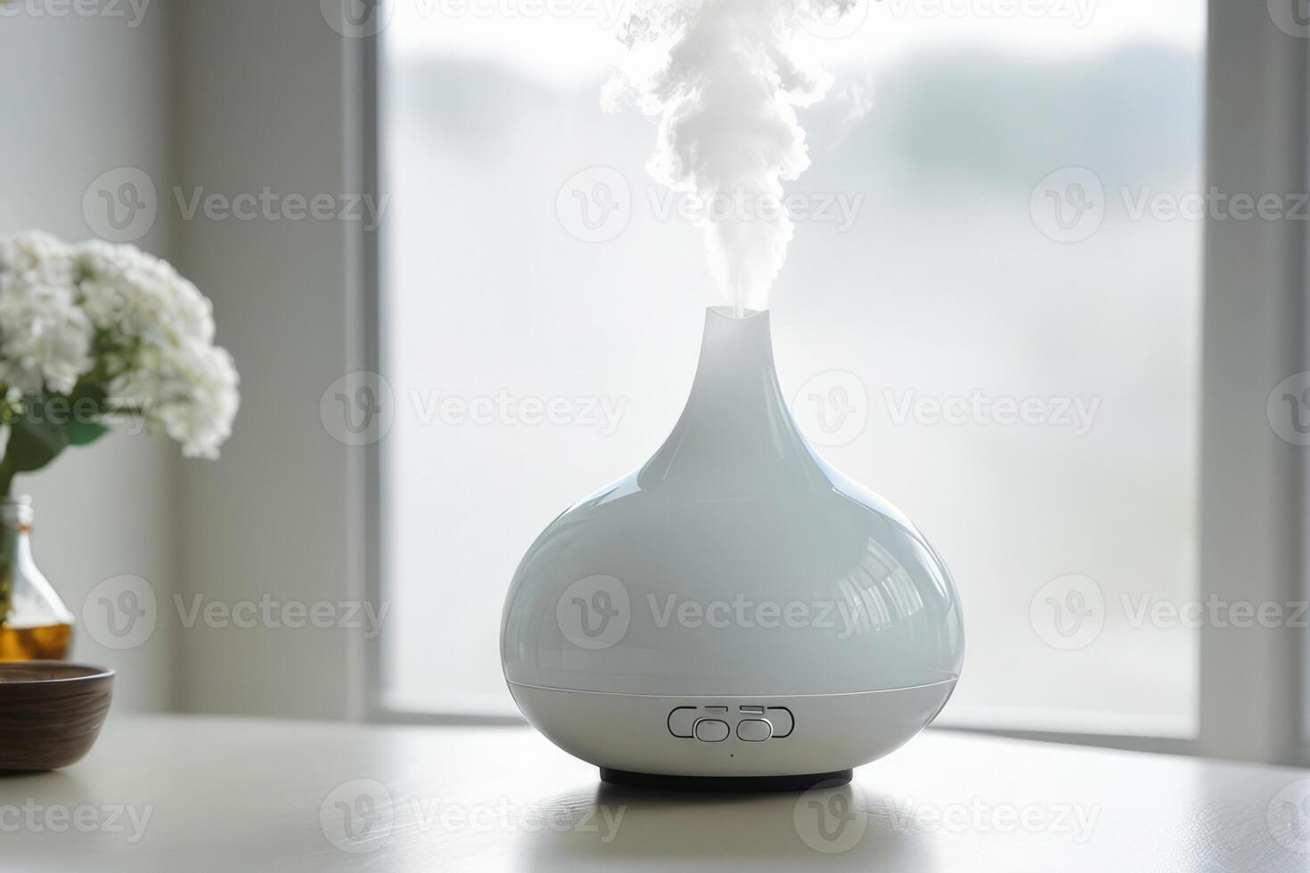 AI generated Aroma oil white glass diffuser with rising steam flow on table by window. photo