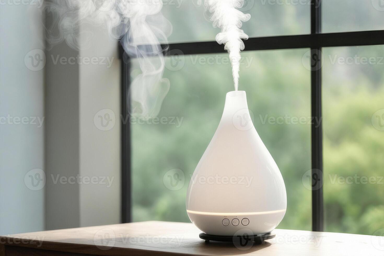 AI generated Aroma oil white glass diffuser with rising steam flow on table by window. photo