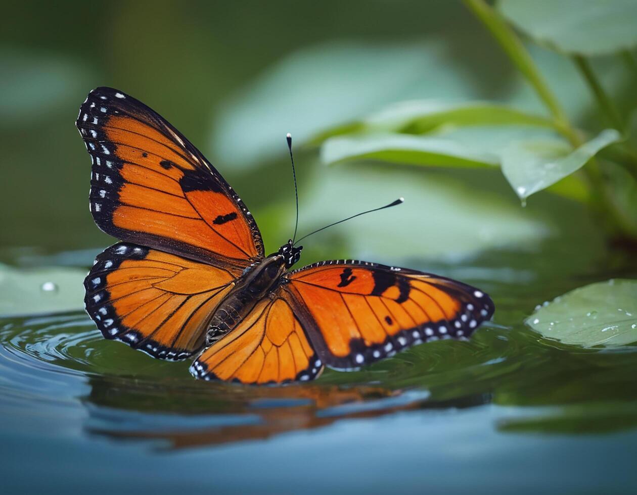 AI generated Swallowtail butterfly on flower and water. photo