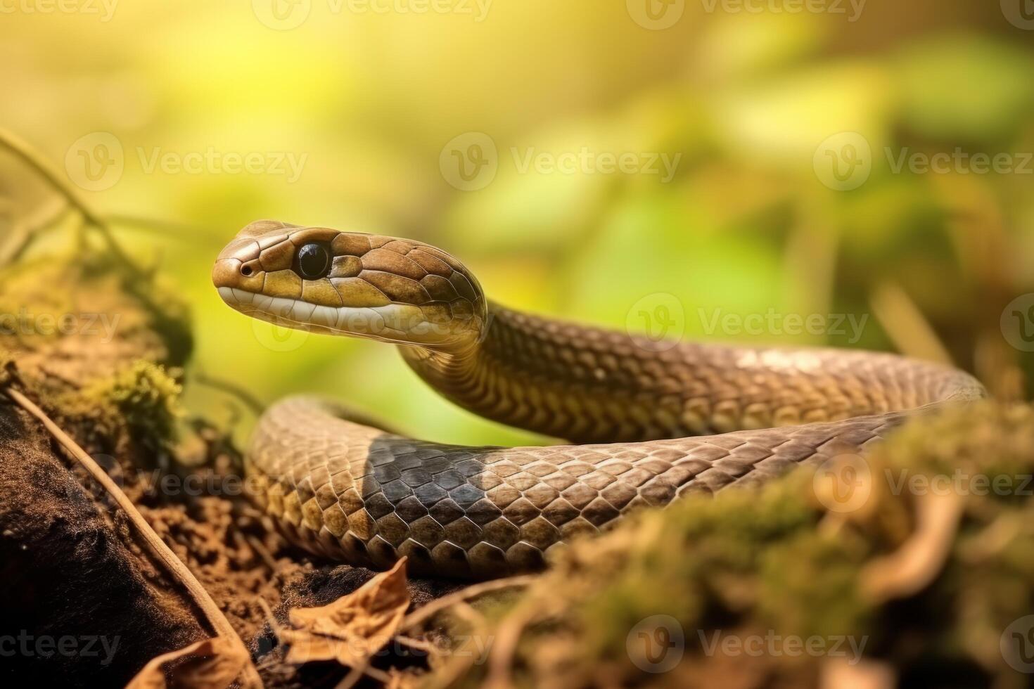 AI Generated Colorful snake python cobra viper forest hiding waiting for prey rainforest jungle untouched nature predator venomous venom dangerous wildlife poisonous animal skin tail creepy african photo