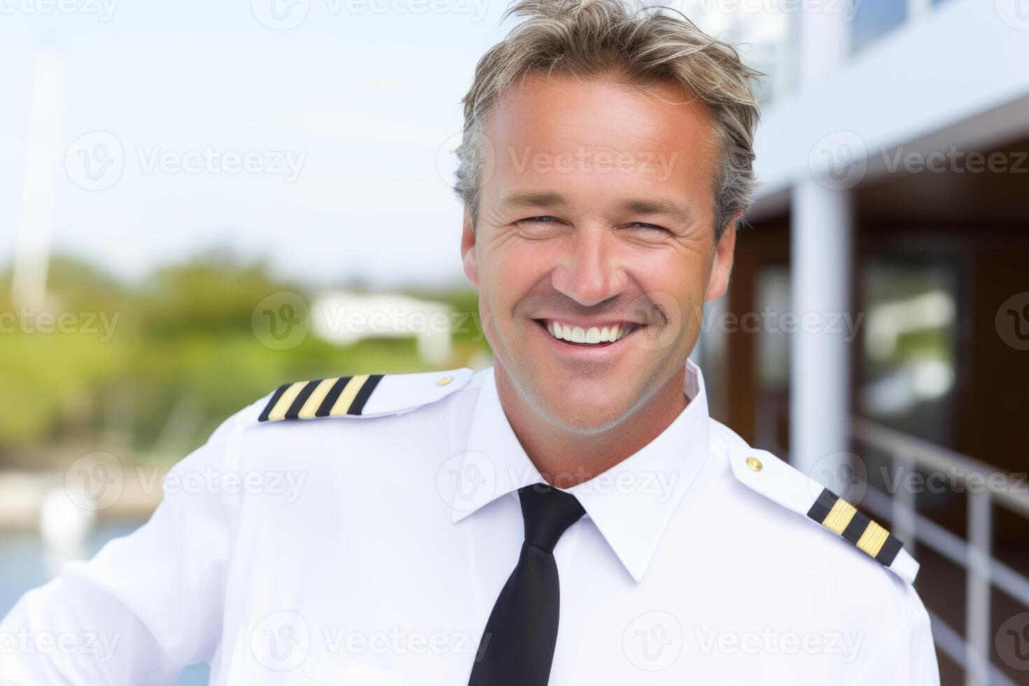 AI Generated Portrait cheerful joyful smiling mature Caucasian male man captain guy sailor elegant uniform deck luxury passenger cruise ship yacht outside. Navigation safe fast tourism traveling photo