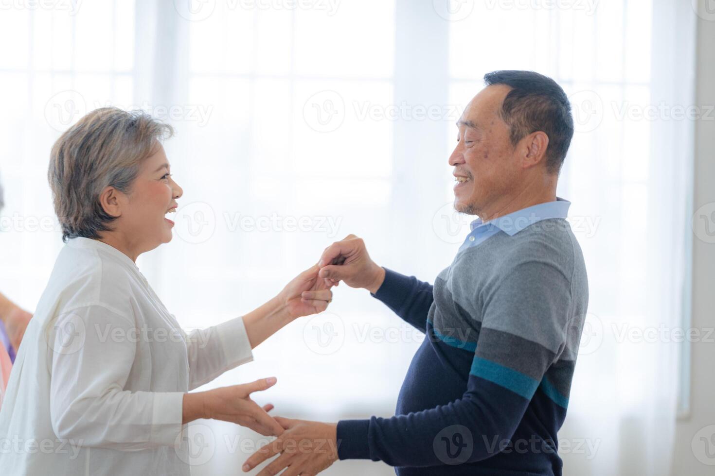 Asian Older male and females people dance with their partners on a dancing floor in living space. Happy older couple performing get exercise. Joyful carefree retired senior friends enjoying relaxation photo